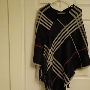 Women's Black and Gray Poncho with Fringe